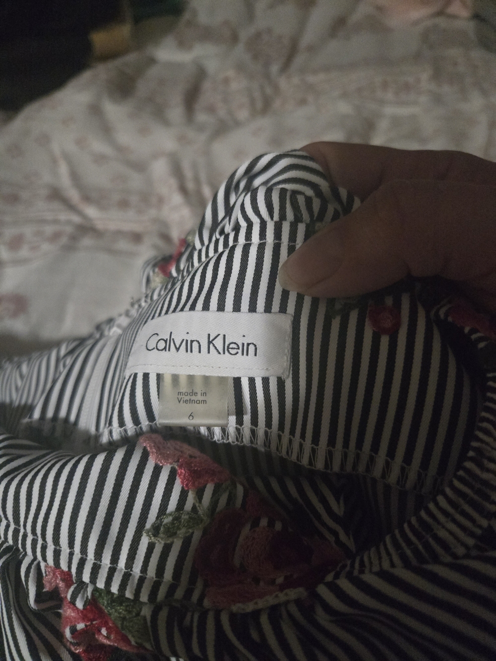 Calvin Klein Black & White Striped Dress with Floral Embroidery